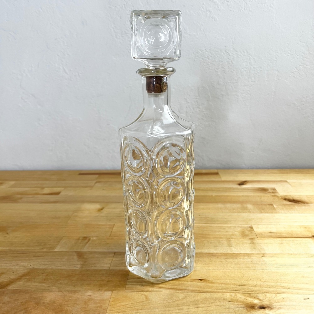 Vintage Decanter Glass Mid-Century Modern‎ MCM Embossed Circles Square Topper